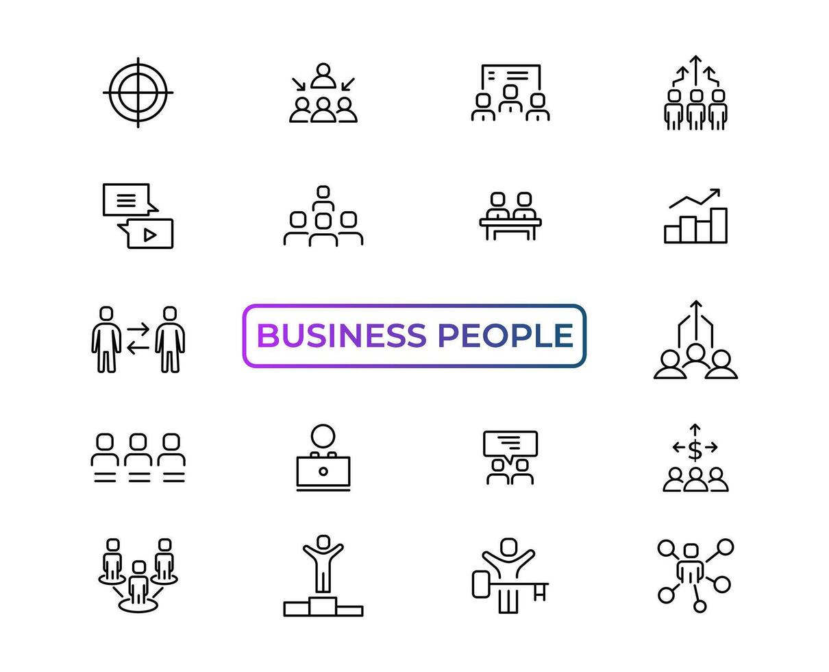 Business people line icons set. Businessman outline icons collection. Teamwork, human resources, meeting, partnership, meeting, work group, success, resume - stock vector. vector
