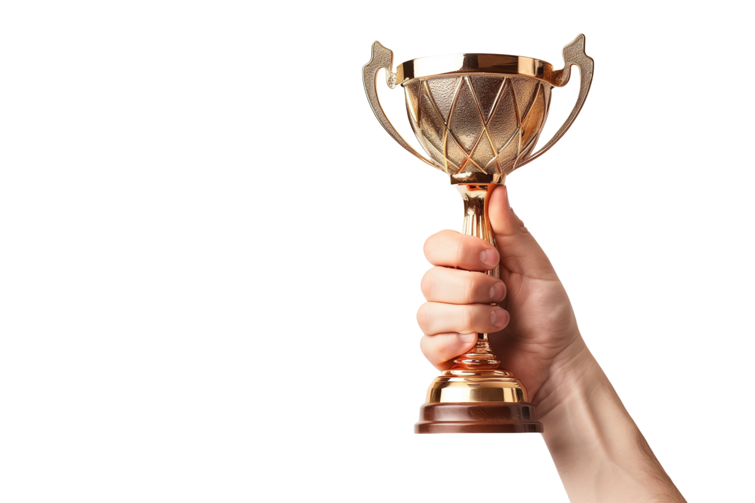 AI generated hand holding a gold trophy cup on a transparent background png