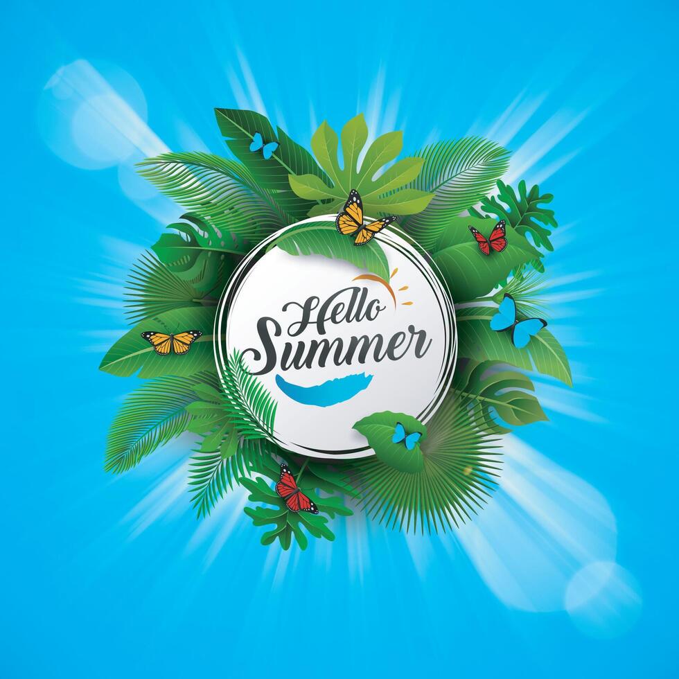 Hello Summer Sign with Tropical Leaves and Blue Background. Suitable For Summer Concept, Vacation, and Summer Holiday, Vector Illustration
