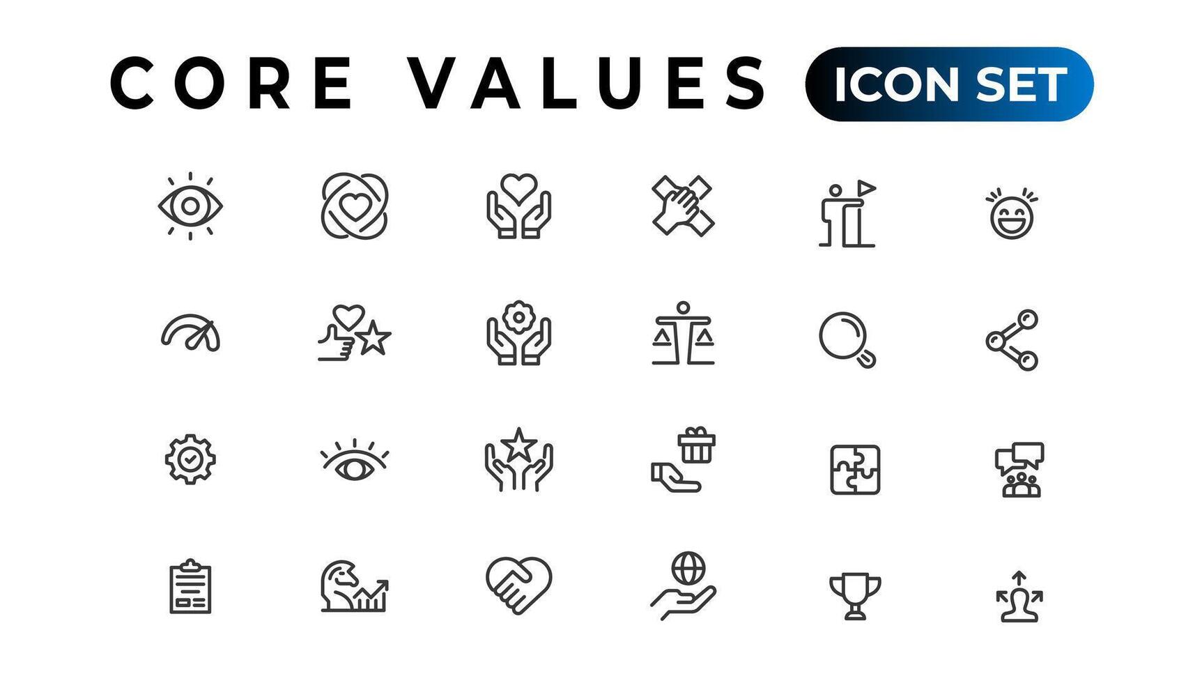 Core value icon banner collection. Containing innovation, goals, responsibility, integrity, customers, commitment, quality, teamwork, reliability and inclusion. Vector solid collection of icons