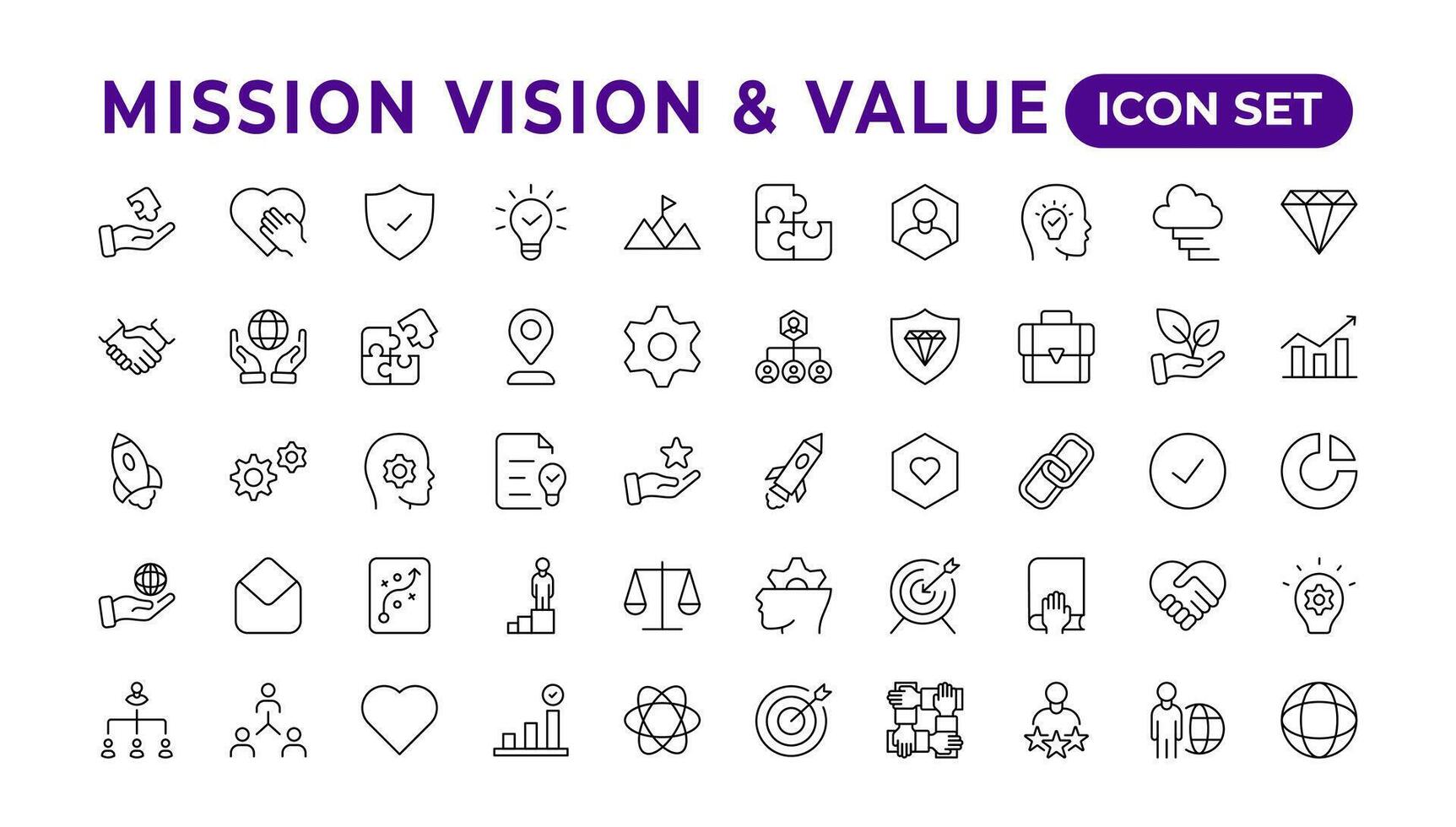 Mission, vision and value icon set. Outline illustration of icons. Core values line icons. Vision, Social Responsibility, and Problem-Solving. vector