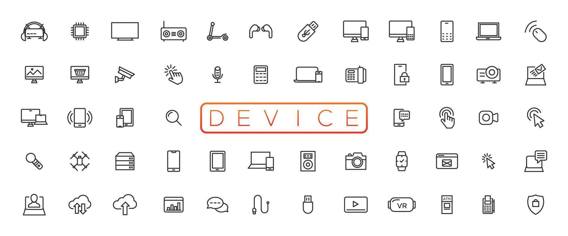 Device and technology line icon set. Electronic devices and gadgets, computer, equipment and electronics. Computer monitor, smartphone, tablet and laptop sumbol collection vector