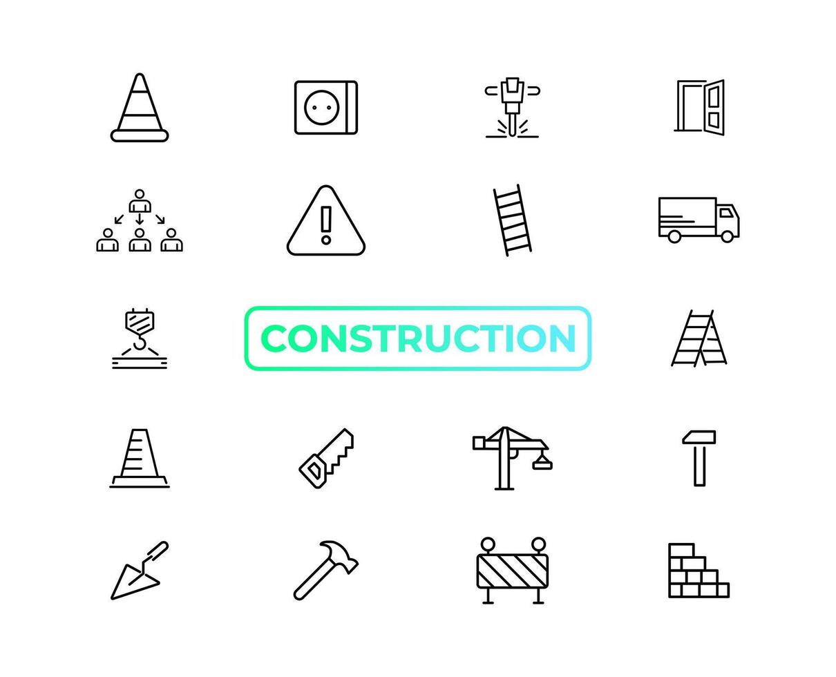Construction line icons set. Home repair tools outline icons collection. Construction tools, builders and equipment symbols. Builder, crane, engineering, equipment, helmet, tool, house - stock vector. vector
