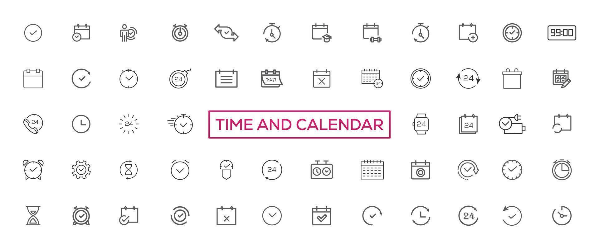 Time and clock, calendar, timer line icons. Vector linear icon set