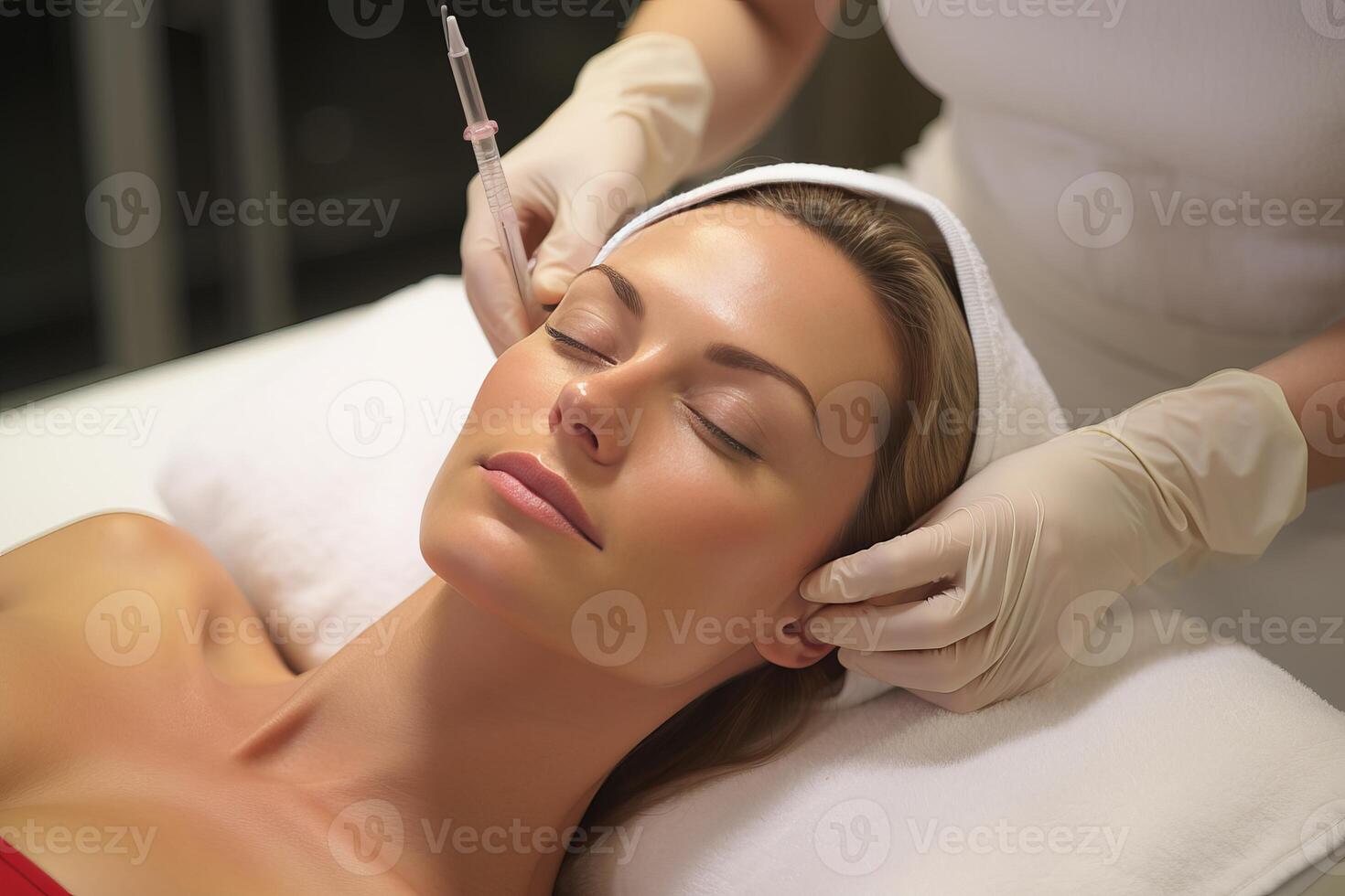 AI generated Beauty enhancement. woman getting expert botox procedure for youthful skin at exclusive spa photo