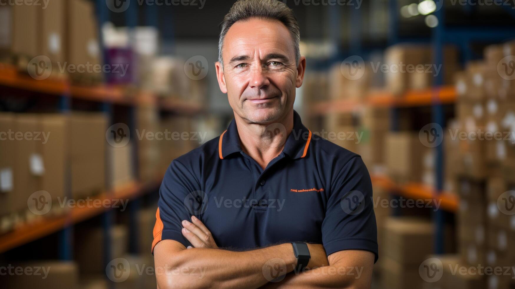 AI generated Cheerful male worker standing with crossed arms in industrial warehouse looking at camera photo