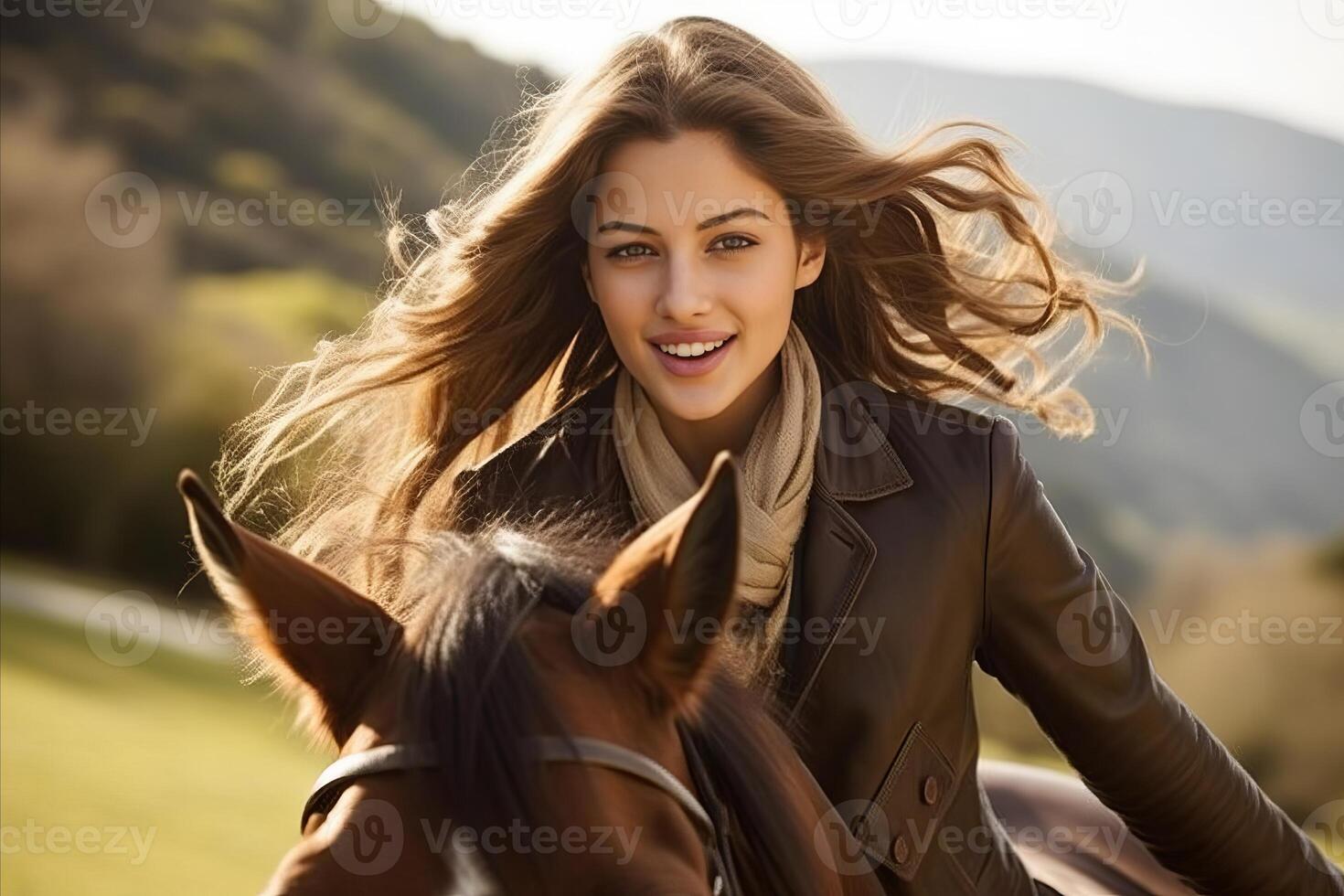 ai generado hermosa joven niña disfrutando un caballo paseo con amplio Copiar espacio para texto y promocional mensajes foto