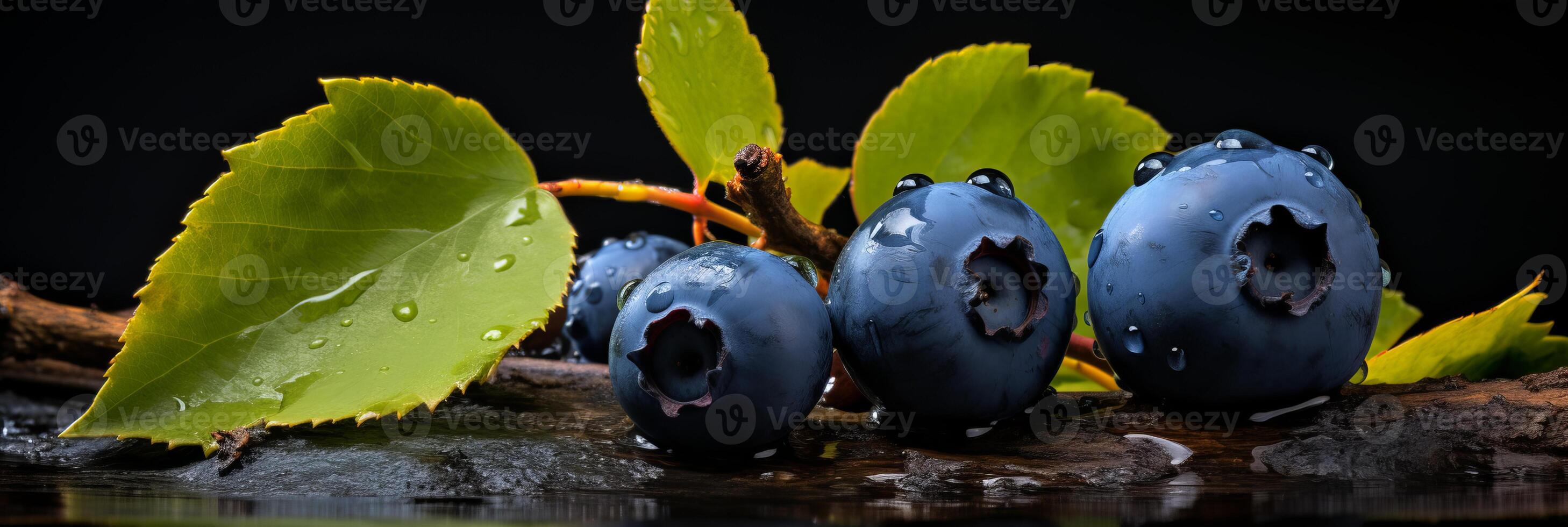 AI generated Blueberry bliss. vibrant macro berries for delicious banner design and fresh fruit background photo