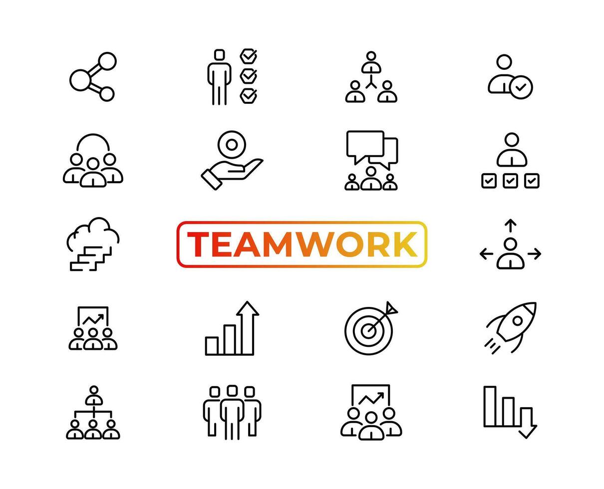 Teamwork line icons set. Businessman outline icons collection. Work group and human resources. Business teamwork, human resources, meeting, partnership, meeting, work group, success - stock vector. vector