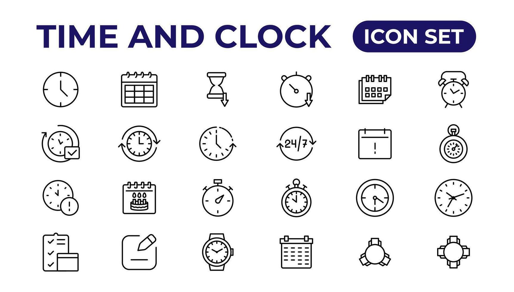 Time and clock, calendar, timer line icons. Vector linear icon set