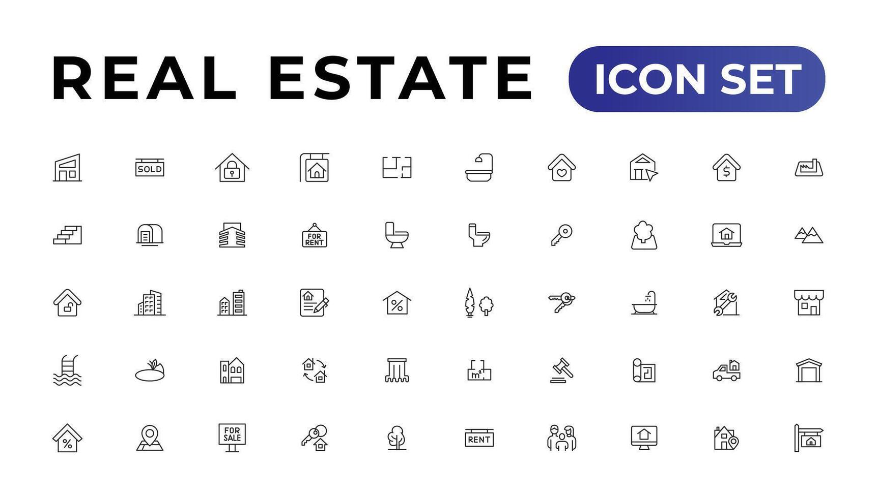 real inmuebles mínimo Delgado línea web icono colocar. incluido el íconos como bienes raíces, propiedad, hipoteca, hogar préstamo y más. contorno íconos recopilación. vector
