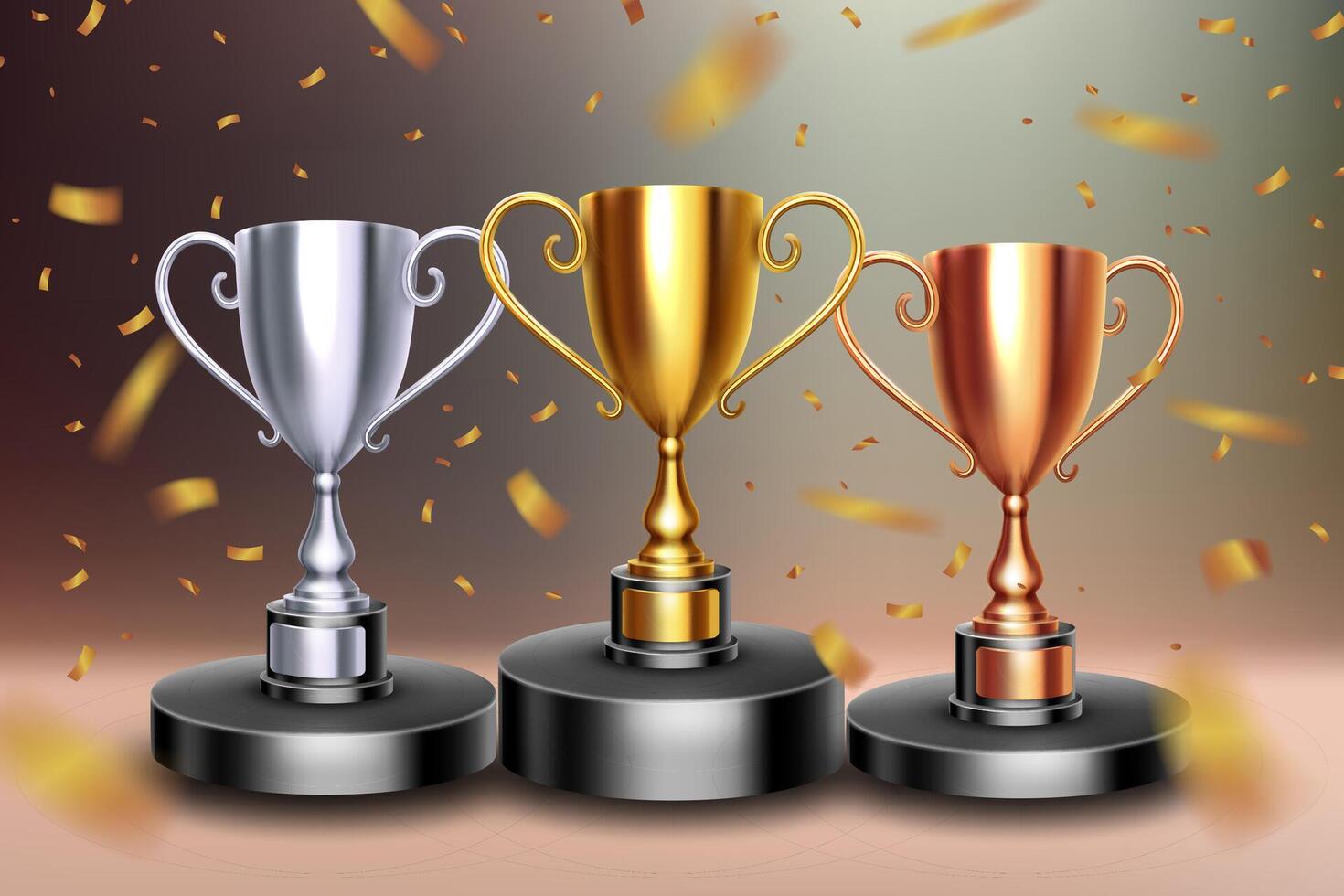 campeonato con 3 trofeos en podio con oro papel picado caídas, victoria celebracion, vector ilustración