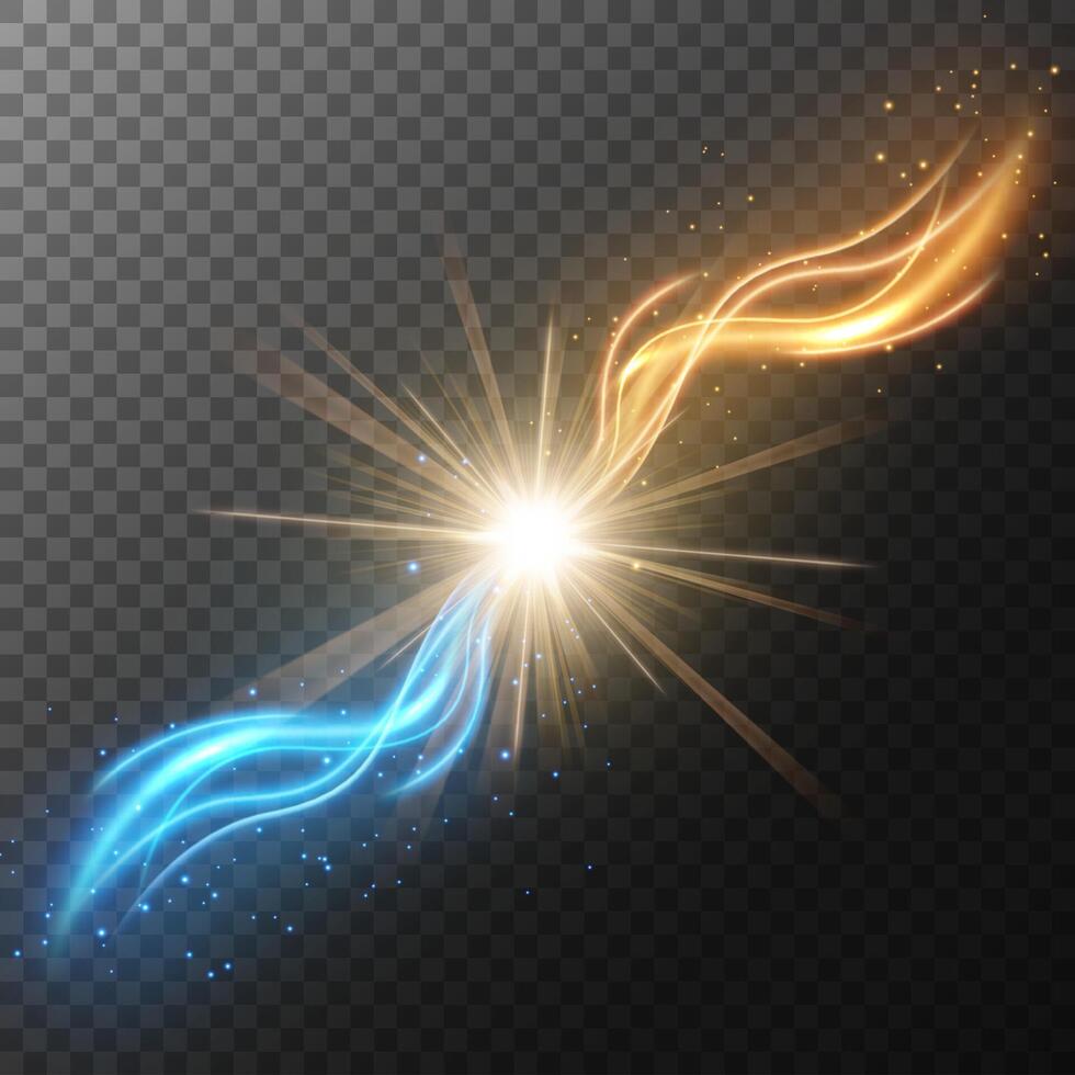 Blue and Yellow Lights Collide Causing Sparks of Light, on A Background, Isolated and Easy to Edit, Vector Illustration