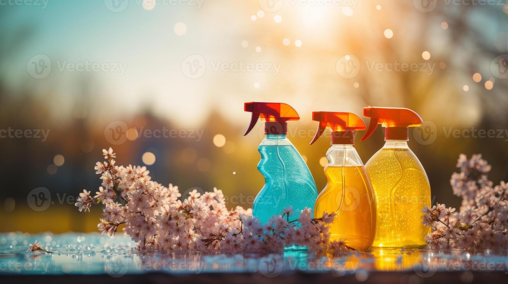 AI generated Colorful cleaning concept with detergent bottles, brushes, and green spring leaves photo