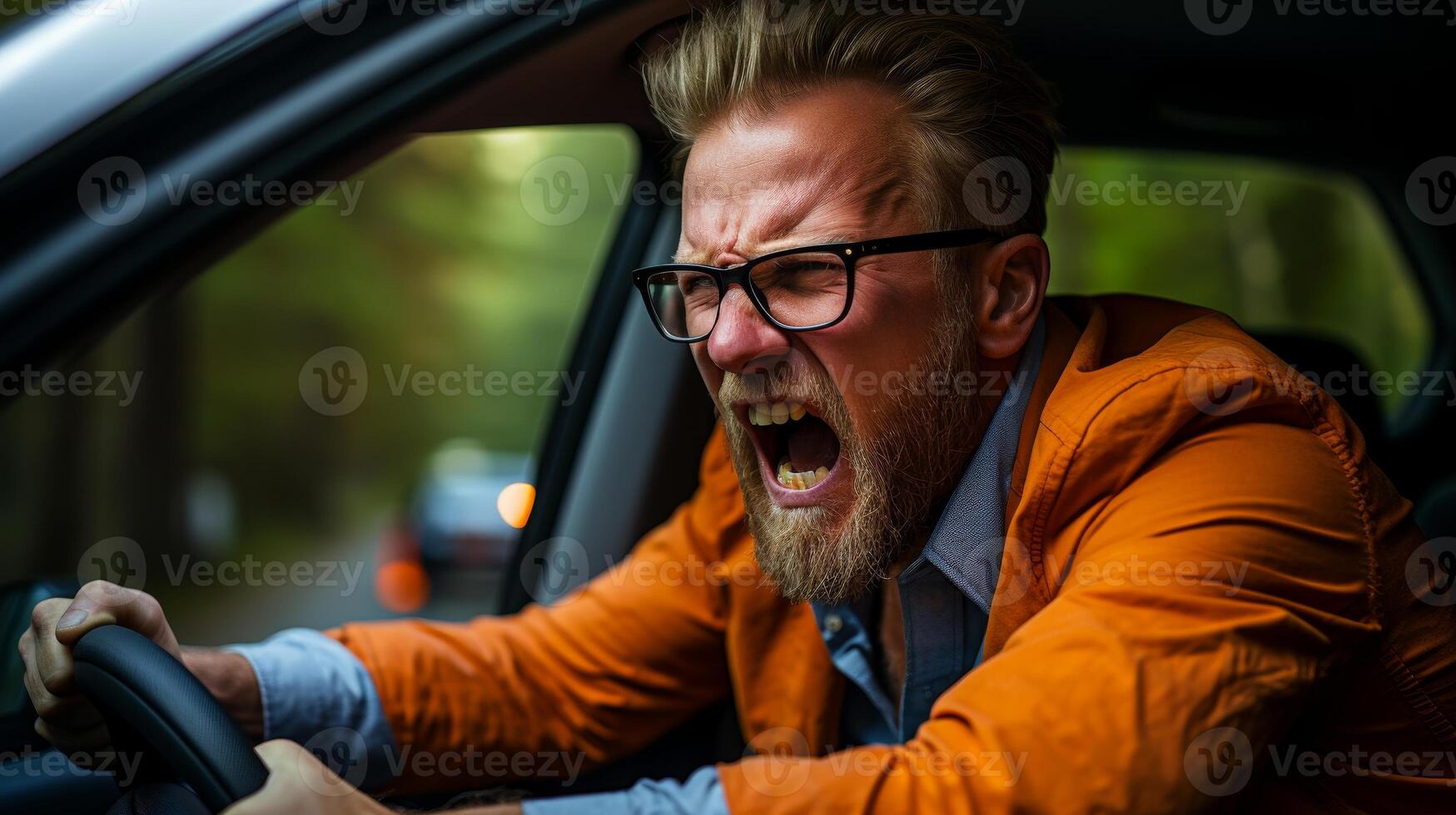 AI generated Frustrated man with road rage angrily shouting in midst of intense rush hour traffic jam photo