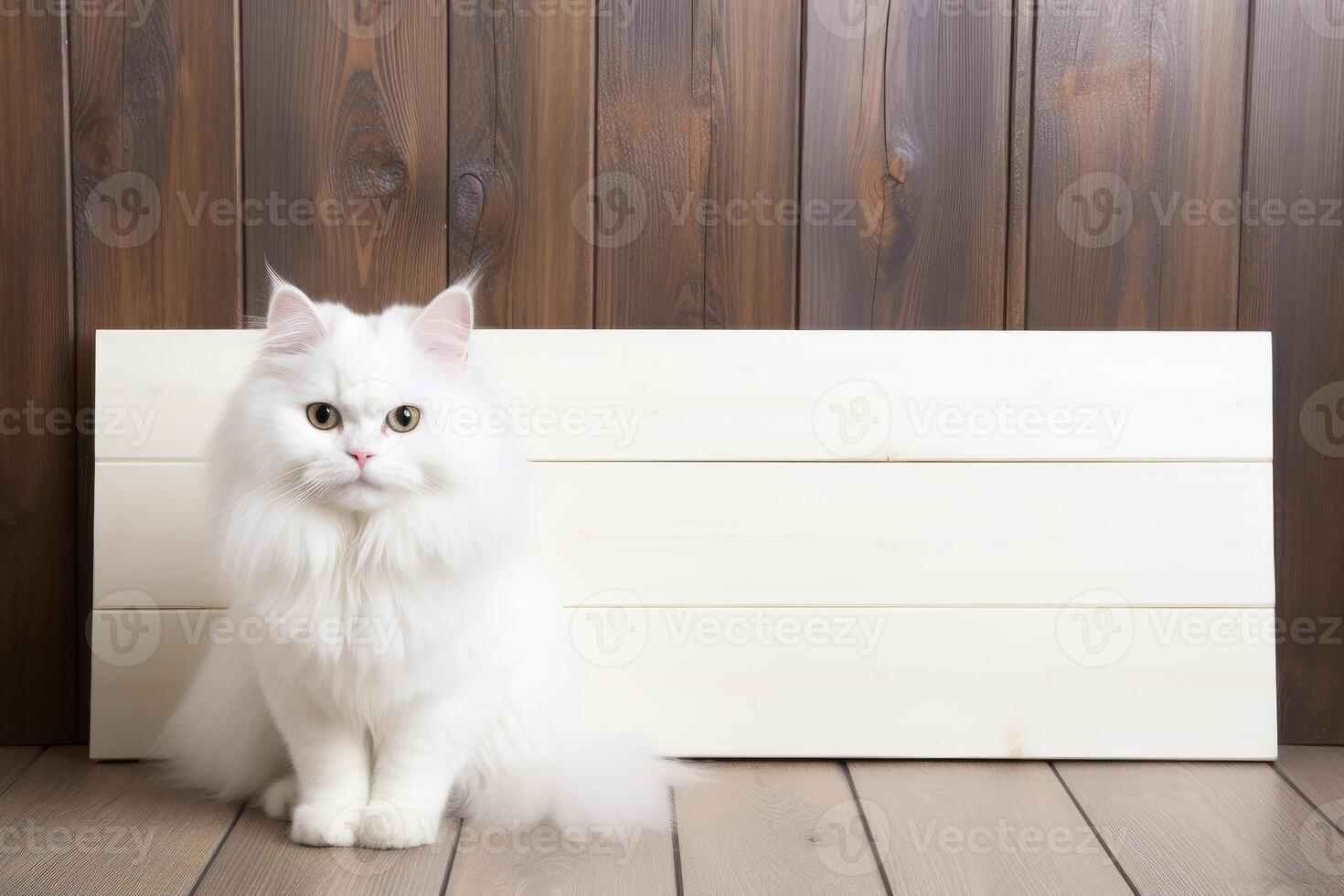 AI generated Cute white cat sitting and gazing at camera with ample space for captivating text and captions photo