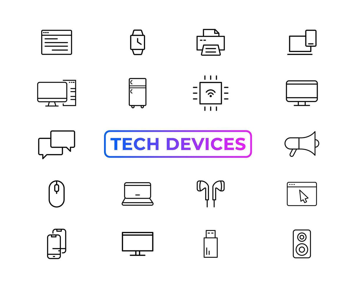 dispositivo y tecnología línea icono colocar. electrónico dispositivos y artilugio, computadora, equipo y electrónica. computadora monitor, teléfono inteligente, tableta y ordenador portátil sumbol colección - valores ... vector