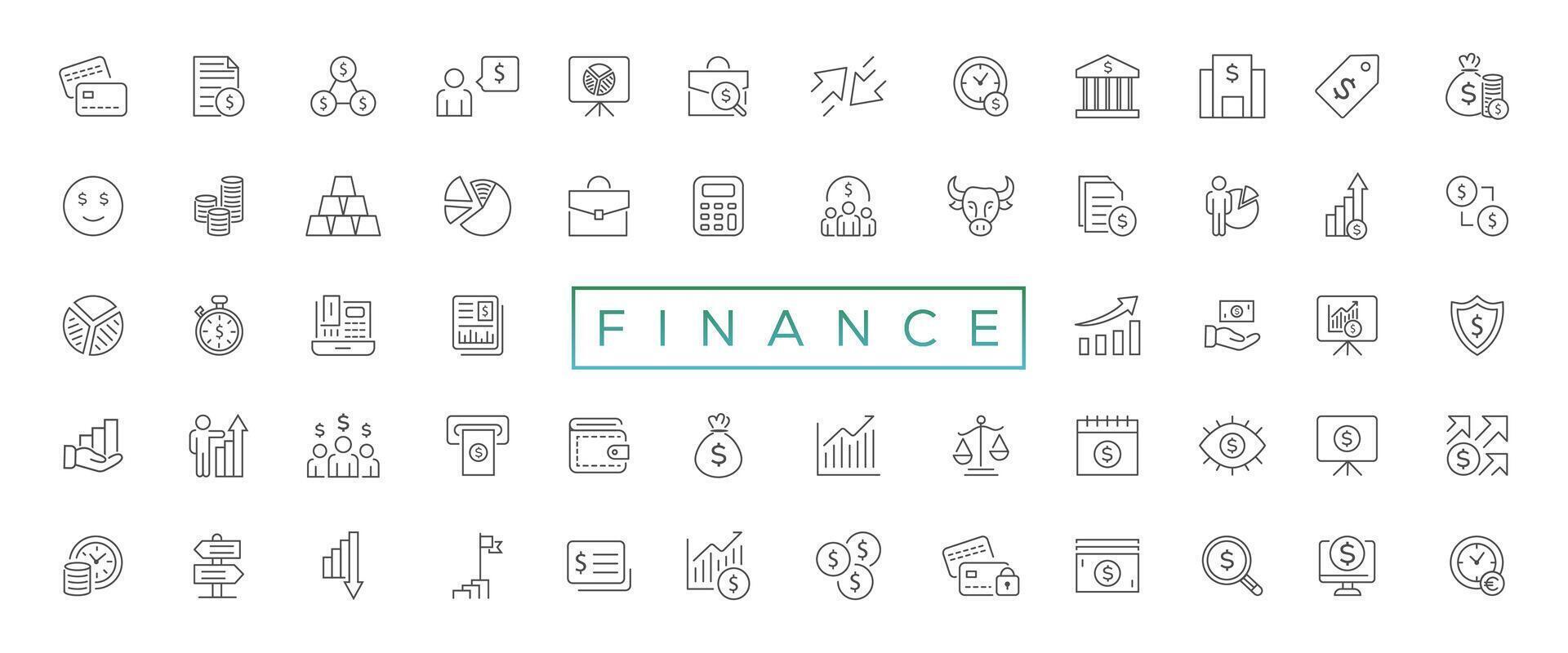 Vector business and finance editable stroke line icon set with money, bank, check, law, auction, exchance, payment, wallet, deposit, piggy, calculator, web and more isolated outline thin symbol