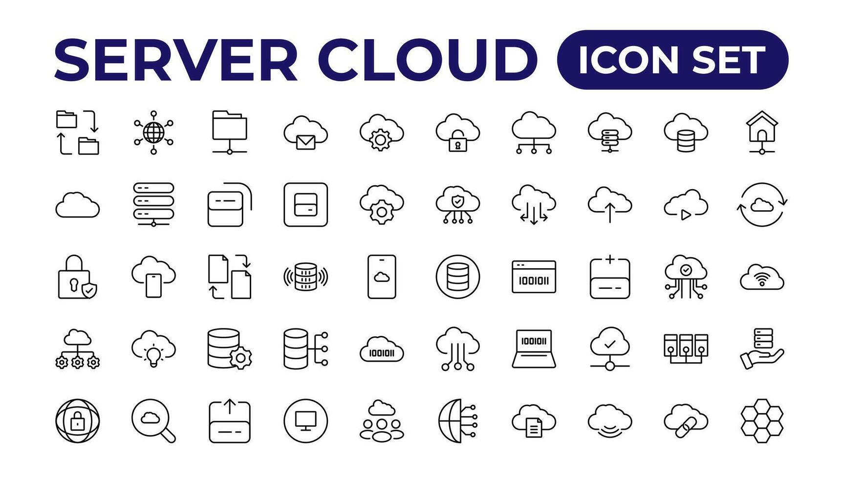 Set of line icons related to cloud computing, cloud services, server, cyber security, digital transformation. Outline icon collection. vector