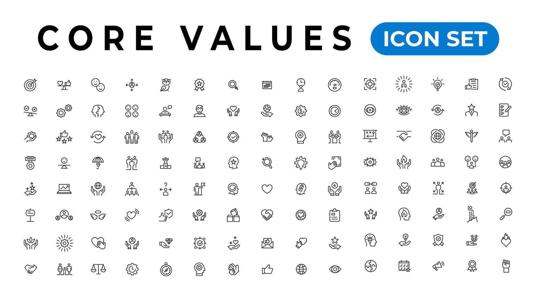 Core value icon banner collection. Containing innovation, goals, responsibility, integrity, customers, commitment, quality, teamwork, reliability and inclusion. Vector solid collection of icons