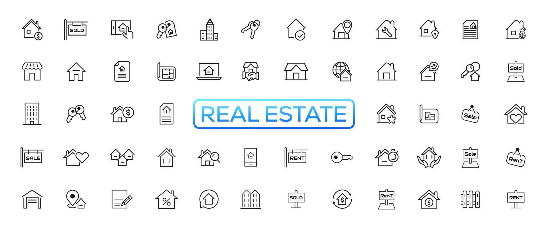 Real Estate minimal thin line web icon set. Included the icons as realty, property, mortgage, home loan and more. Outline icons collection. Simple vector illustration
