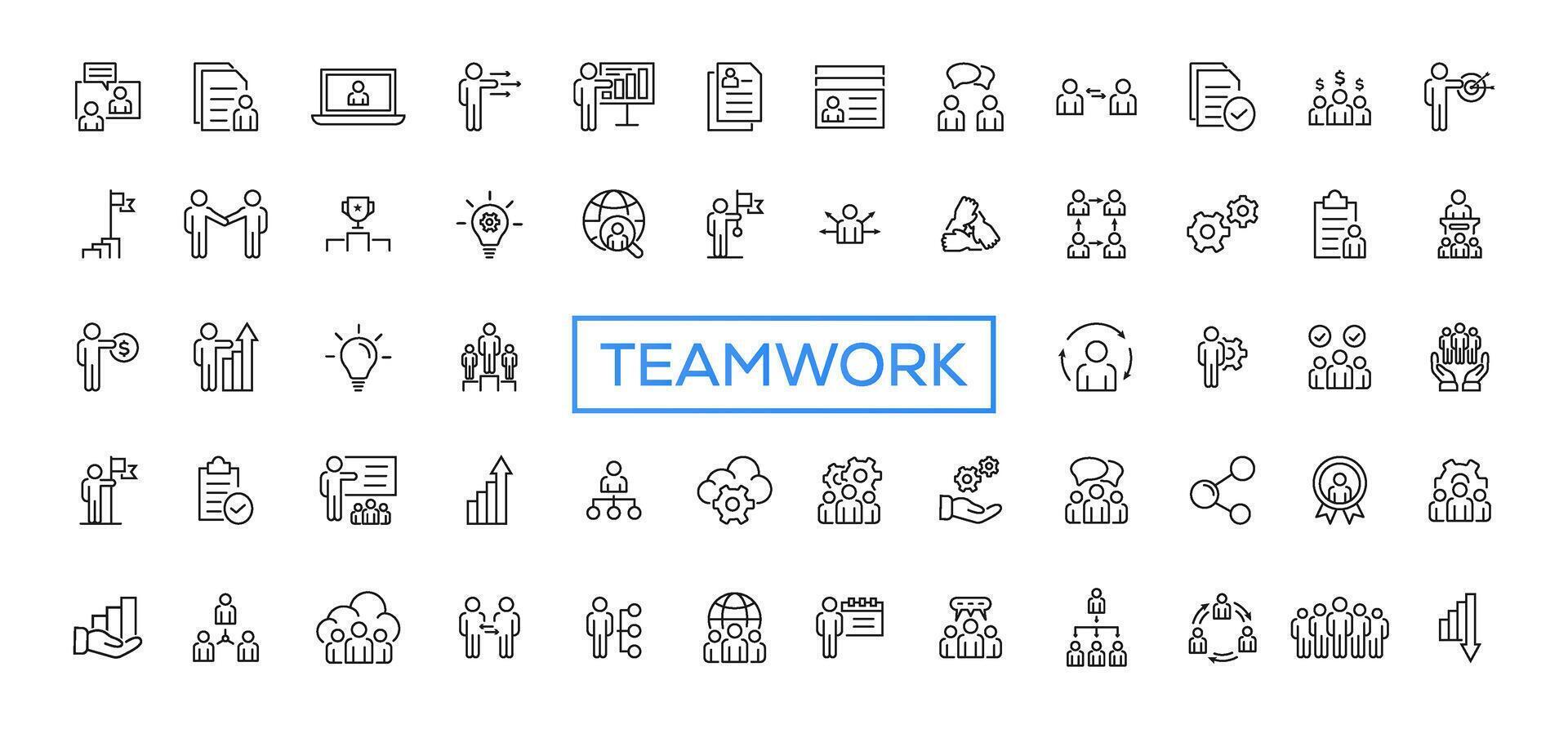 Teamwork line icons set. Businessman outline icons collection. Work group and human resources. Business teamwork, human resources, meeting, partnership, meeting, work group, success vector