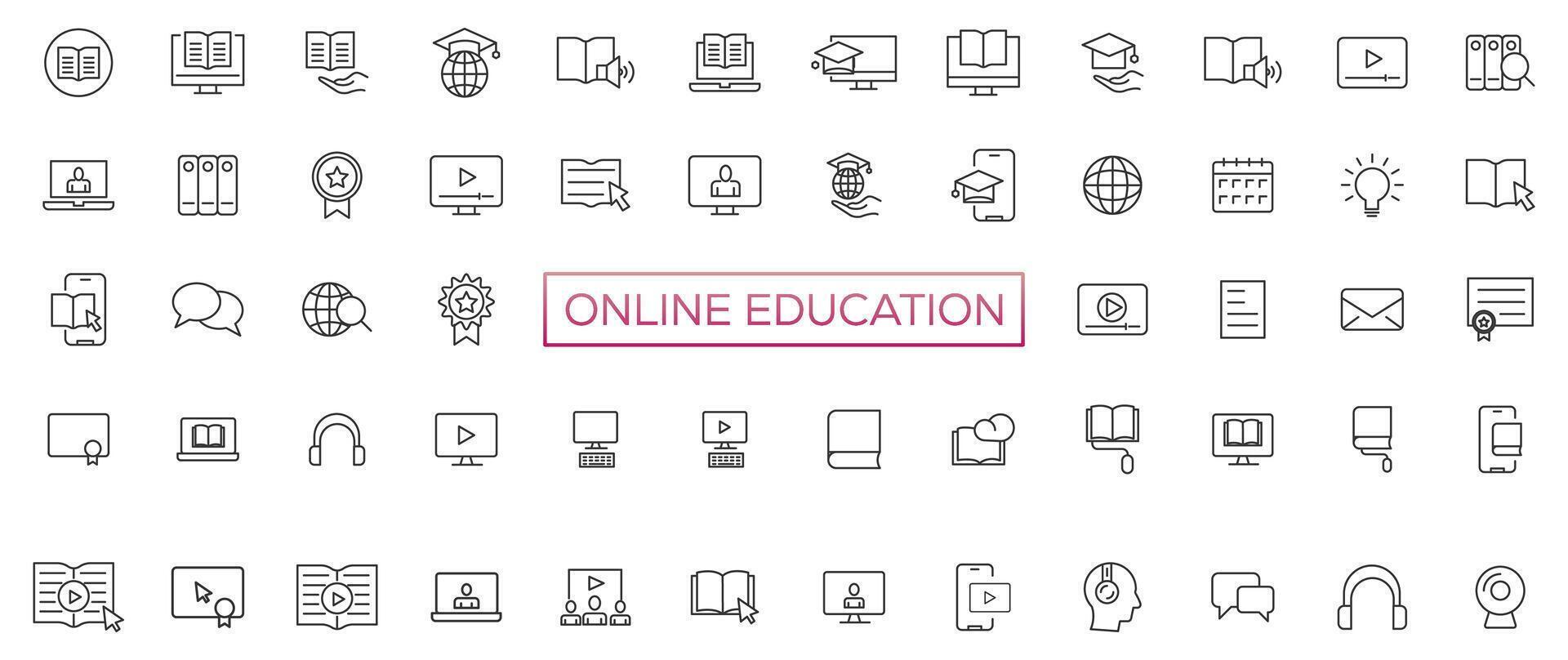 aprendizaje electrónico, en línea educación íconos colocar. 60 60 electrónico aprendizaje iconos distancia aprendizaje colección contorno íconos colección vector