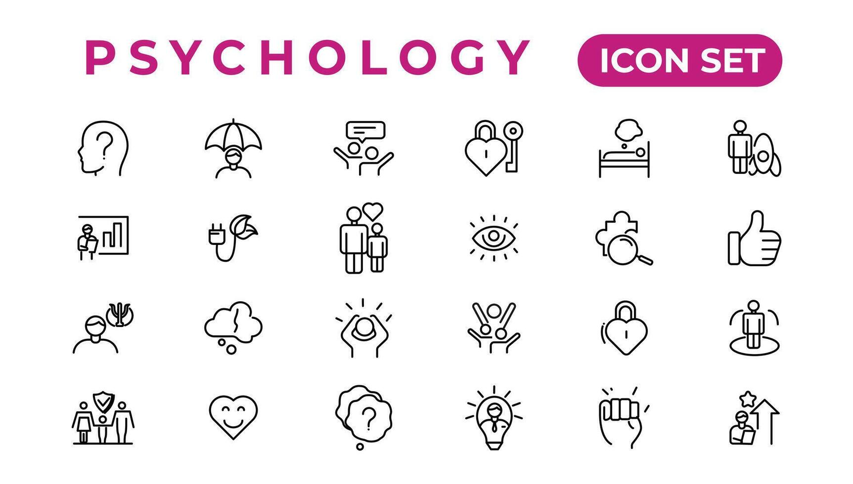 psicología y mental línea íconos colección.conjunto de Delgado línea web icono colocar, sencillo contorno íconos recopilación, píxel Perfecto iconos, sencillo vector ilustración.