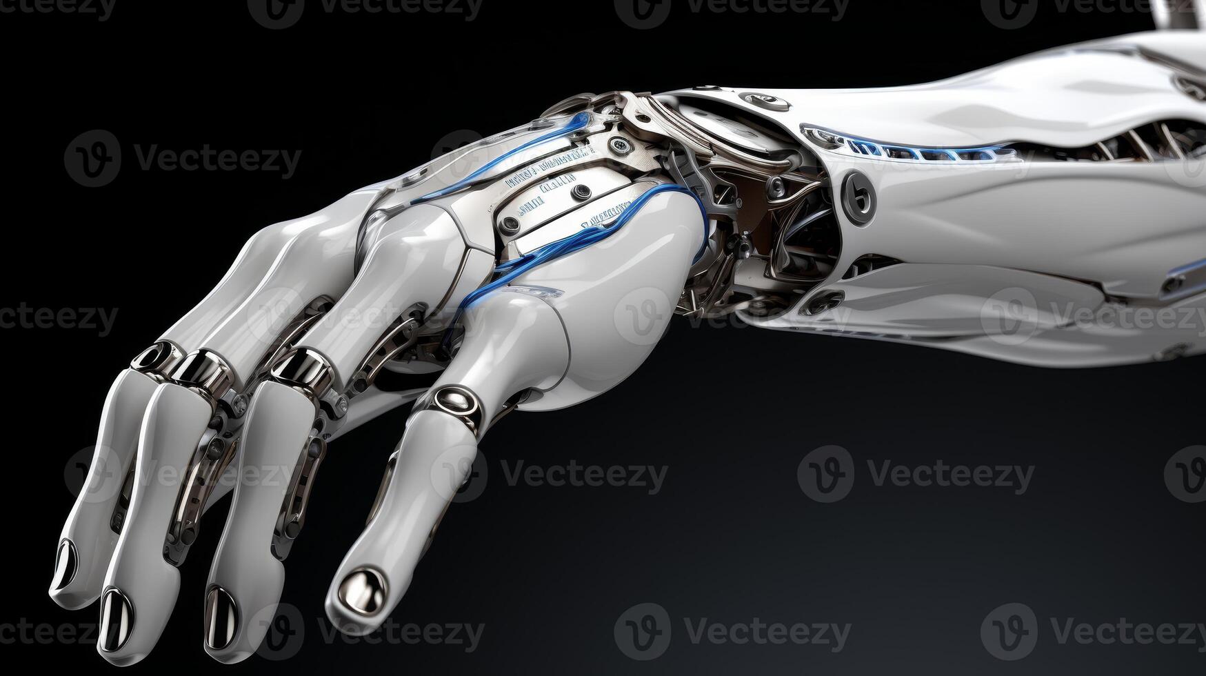 AI generated Close-up. detailed cybernetic arm with embedded mechanisms on blurred background - copy space photo