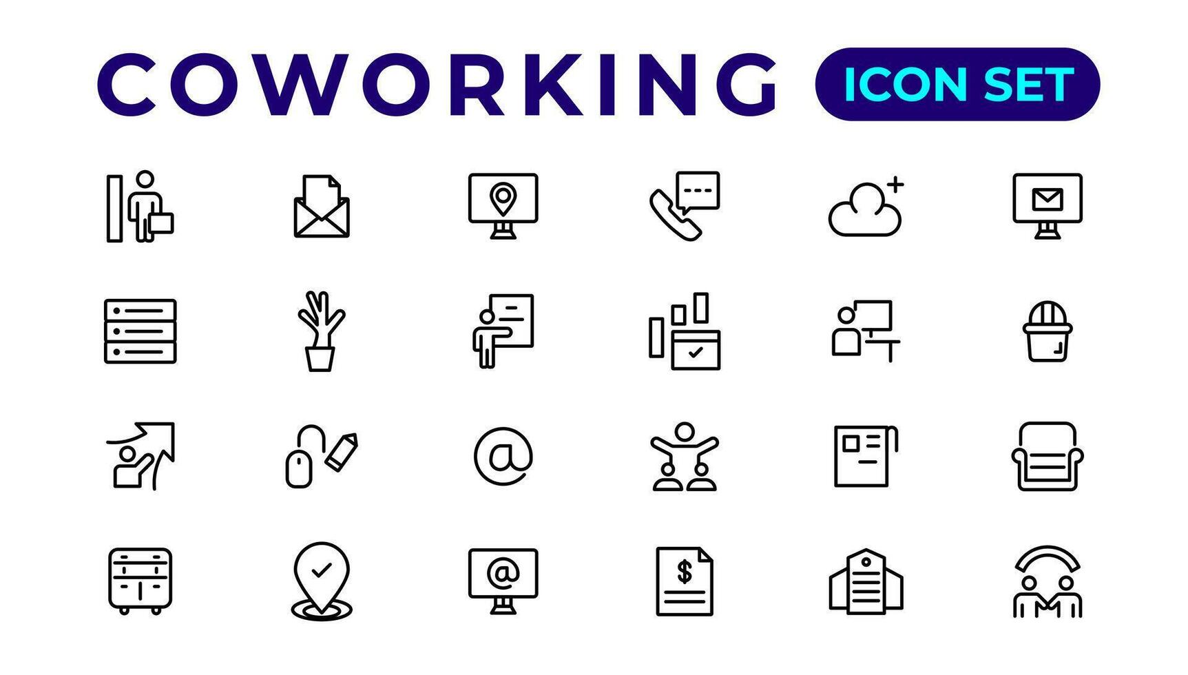 Coworking Service Vector Icons Set Collection. Coworking space office thin line icons set.Outline icon.