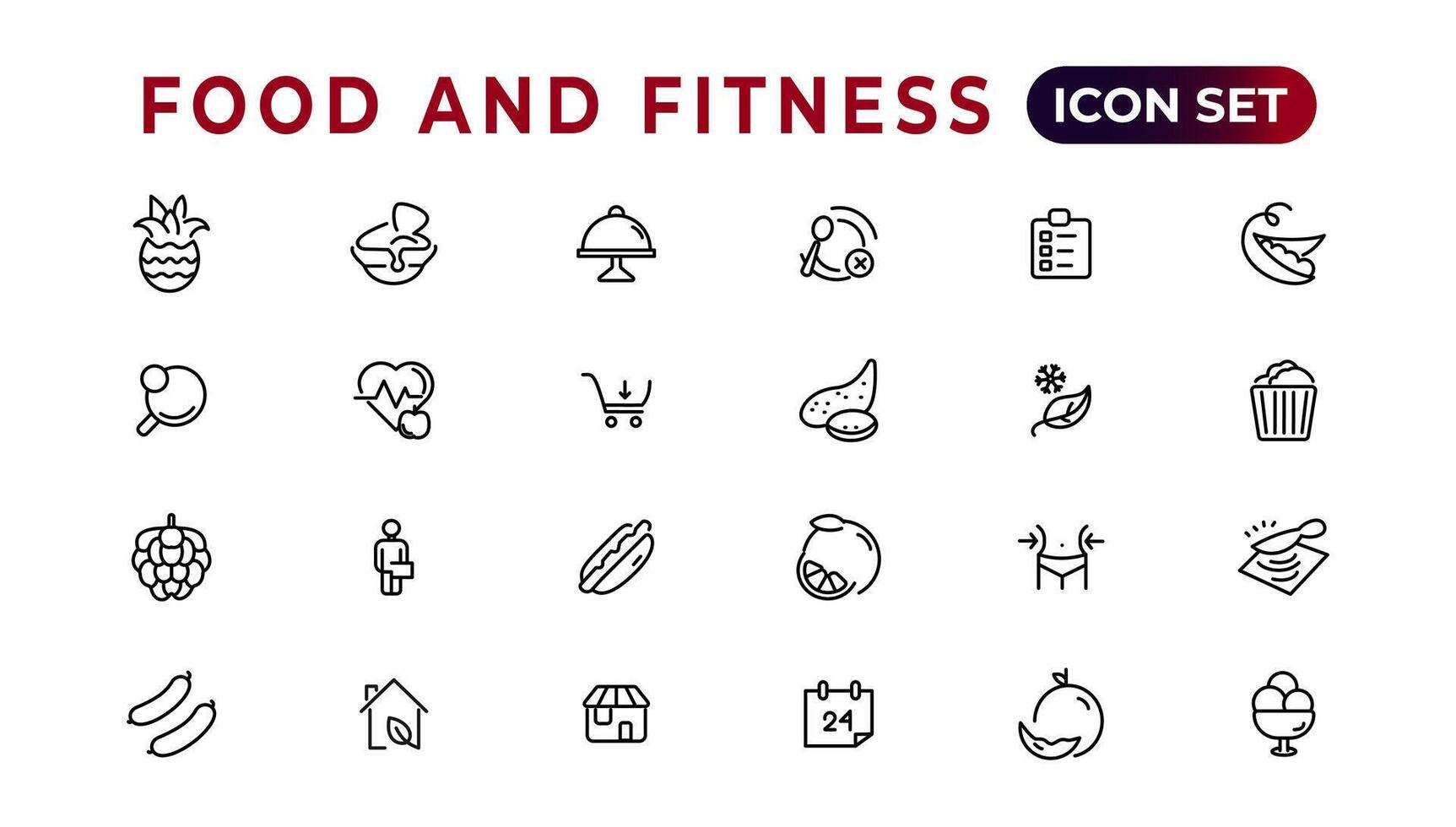 Food and fitness linear icons collection.Set of thin line web icon set, simple outline icons collection, Pixel Perfect icons, Simple vector illustration.