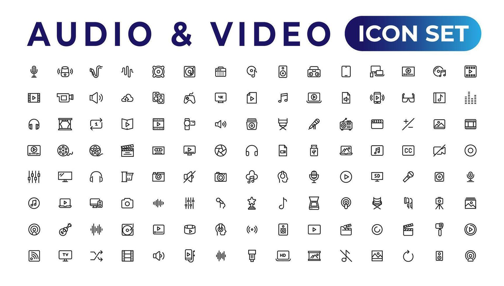 paquete de iconos de audio y video. conjunto de iconos de línea delgada. conjunto de colección de iconos planos. iconos vectoriales simples vector