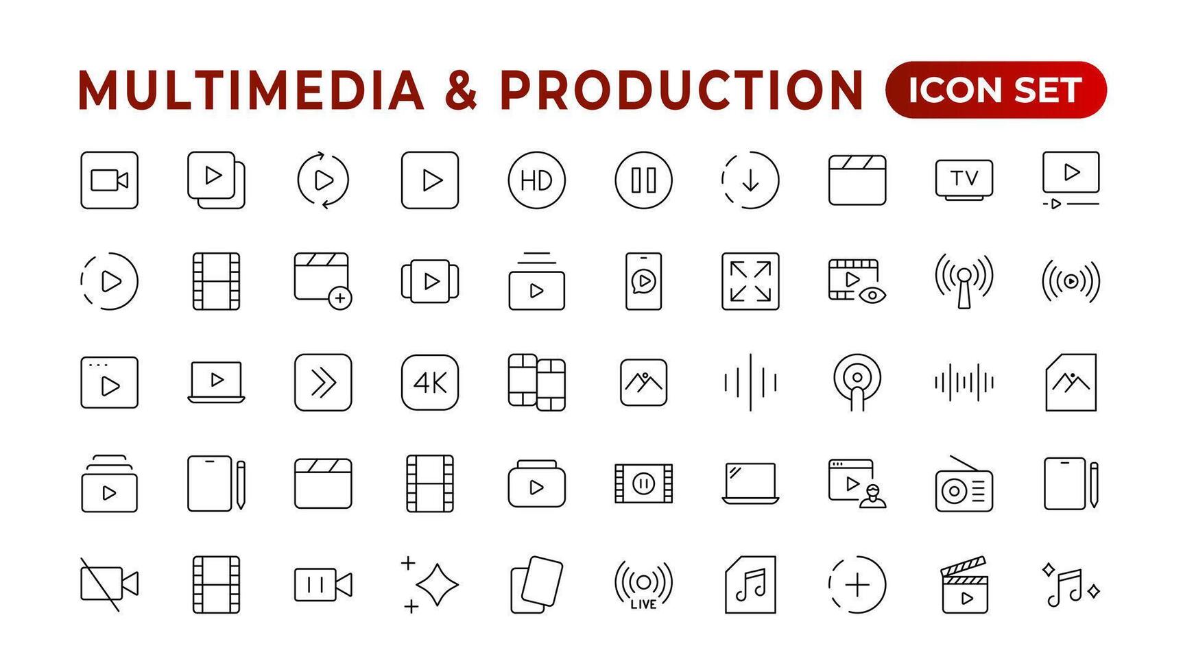 Multimedia and Production icon set. Cinema icon set. Movie sign collection. Set of cinema, movie, video icons, collection film, TV. Popcorn box package Big movie reel. Outline icon set collection. vector