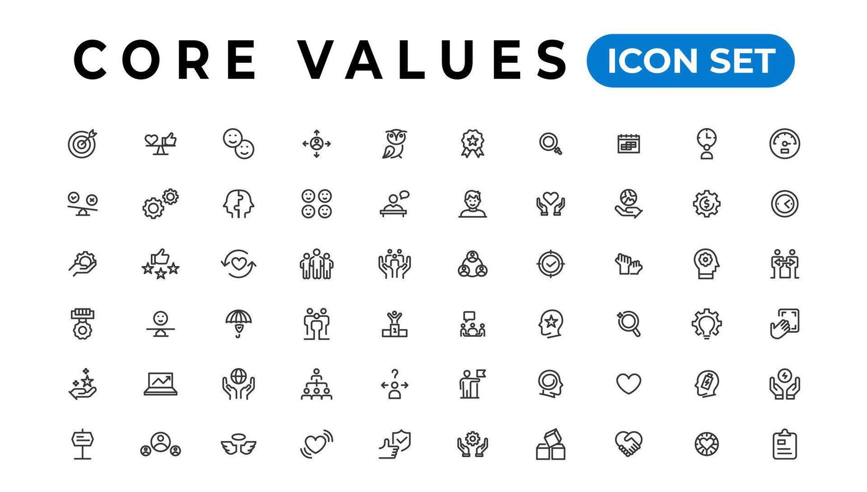 Core value icon banner collection. Containing innovation, goals, responsibility, integrity, customers, commitment, quality, teamwork, reliability and inclusion. Vector solid collection of icons