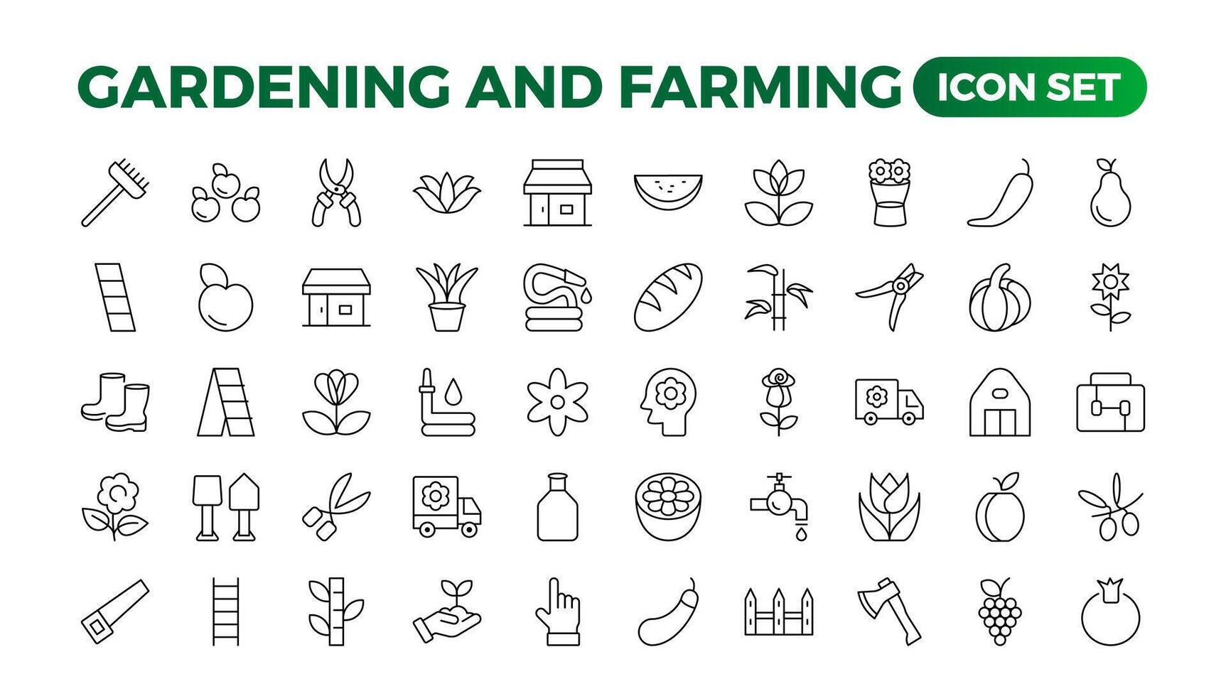 Set of outline icons related to gardening, landscaping, and farming. Linear icon collection.Set of horticulture Icons. Farming and agriculture outline icon collection. Outline icon set. vector
