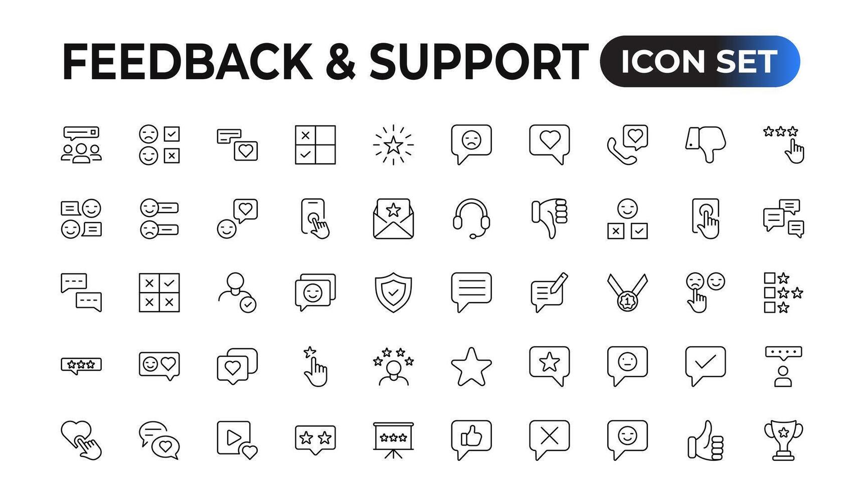 Feedback and Support - Outline Icon Collection. Thin Line Set contains such Icons as Online Help, Helpdesk, Quick Response, Feedback and more. Simple web icons set. vector