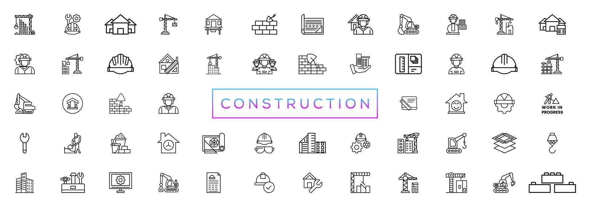 Construction line icons set. Home repair tools outline icons collection. Construction tools, builders and equipment symbols. Builder, crane, engineering, equipment, helmet, tool, house vector