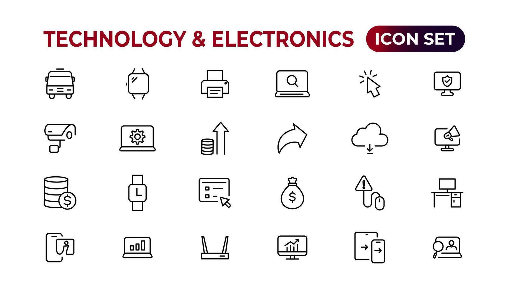 tecnología y electrónica y dispositivos web íconos en línea estilo. dispositivo, teléfono, computadora portátil, comunicación, teléfono inteligente, comercio electrónico vector ilustración.