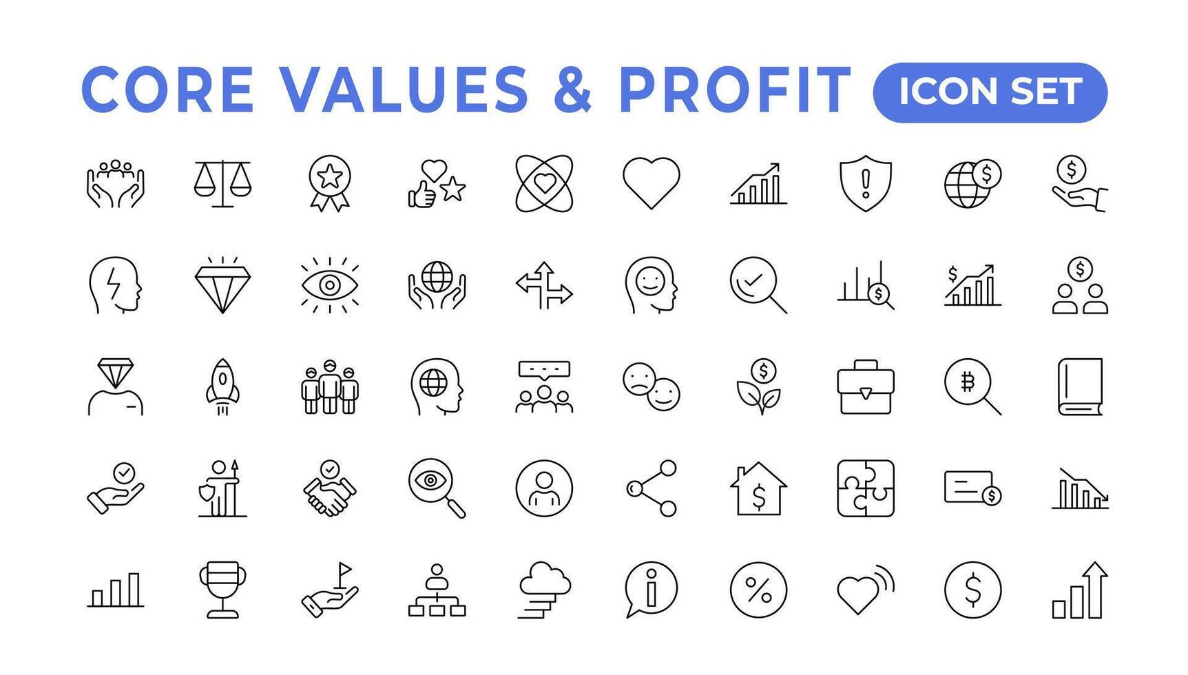 Value money core icons set. Outline illustration of icons. Core values line icons. Integrity. Vision, Social Responsibility, Commitment, Personal Growth, Innovation, Family, and Problem-Solving. vector