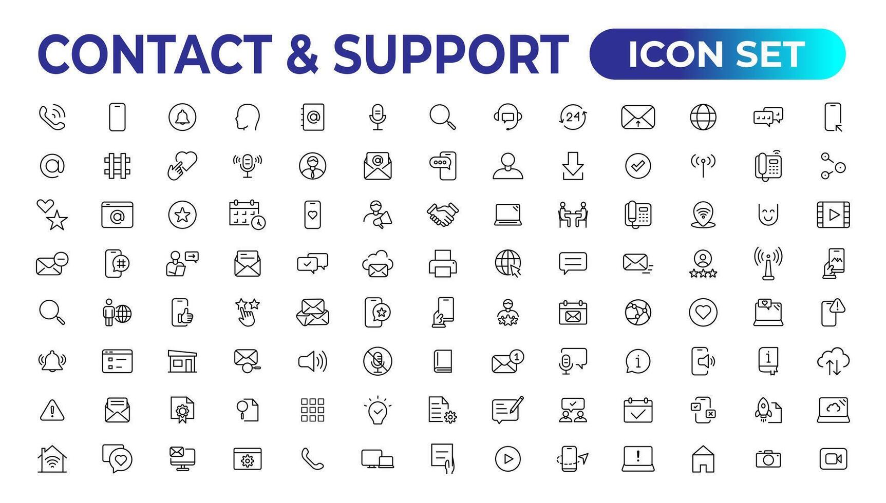 Contact and support web icons in line style. Web and mobile icon. Chat, support, message, phone. Vector illustration.