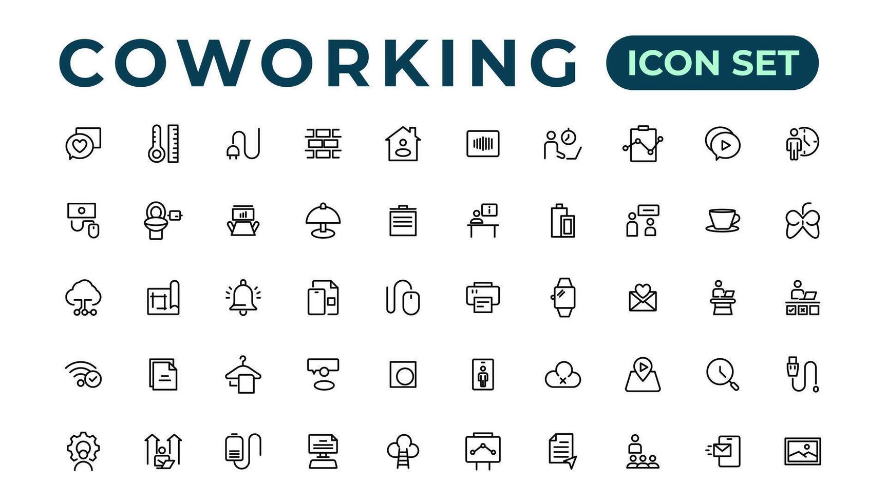 Coworking Service Vector Icons Set Collection. Coworking space office thin line icons set. Editable vector icon.