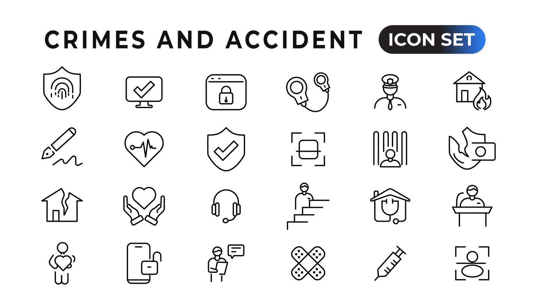 Crimes and accident linear icons collection.Set of thin line web icon set, simple outline icons collection, Pixel Perfect icons, Simple vector illustration