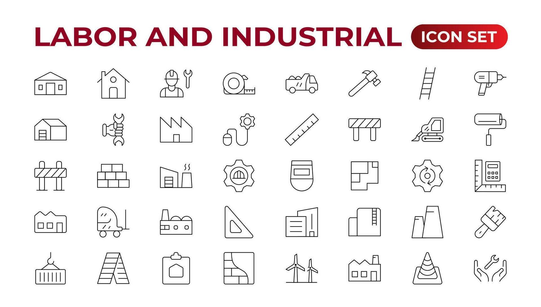 labor y industrial icono colocar. línea conjunto de ingeniero, engranaje, y engranajes mecánico máquina iconos fabricación y Ingenieria línea icono colocar. producción, configuración, industrial fábrica, mano de obra, vector