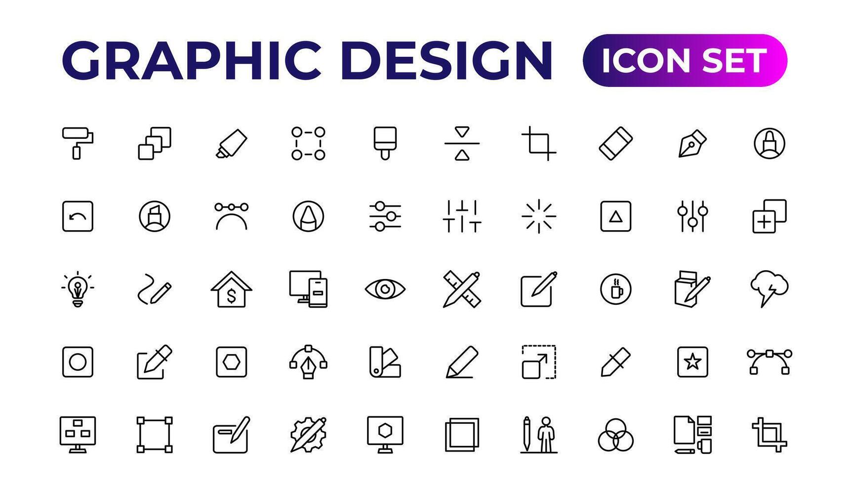 Thin line icons of graphic design. Simple linear icons in a modern style flat, Creative Process. Graphic design, creative package. vector
