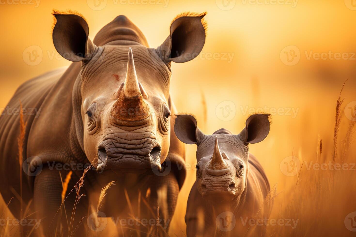 AI generated Adventurous safari. Capturing the magnificence of a black rhinoceros family in their natural habitat photo