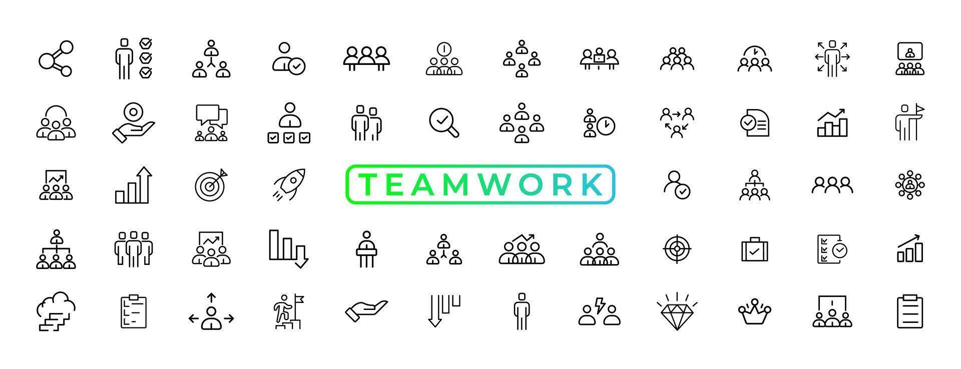 Teamwork line icons set. Businessman outline icons collection. Work group and human resources. Business teamwork, human resources, meeting, partnership, meeting, work group, success - stock vector. vector