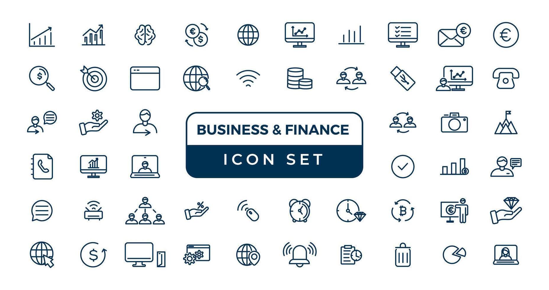 business and finance editable stroke line icon set with money, bank, check, law, auction, exchance, payment, wallet, deposit, piggy, calculator, web and more isolated outline thin symbol. vector