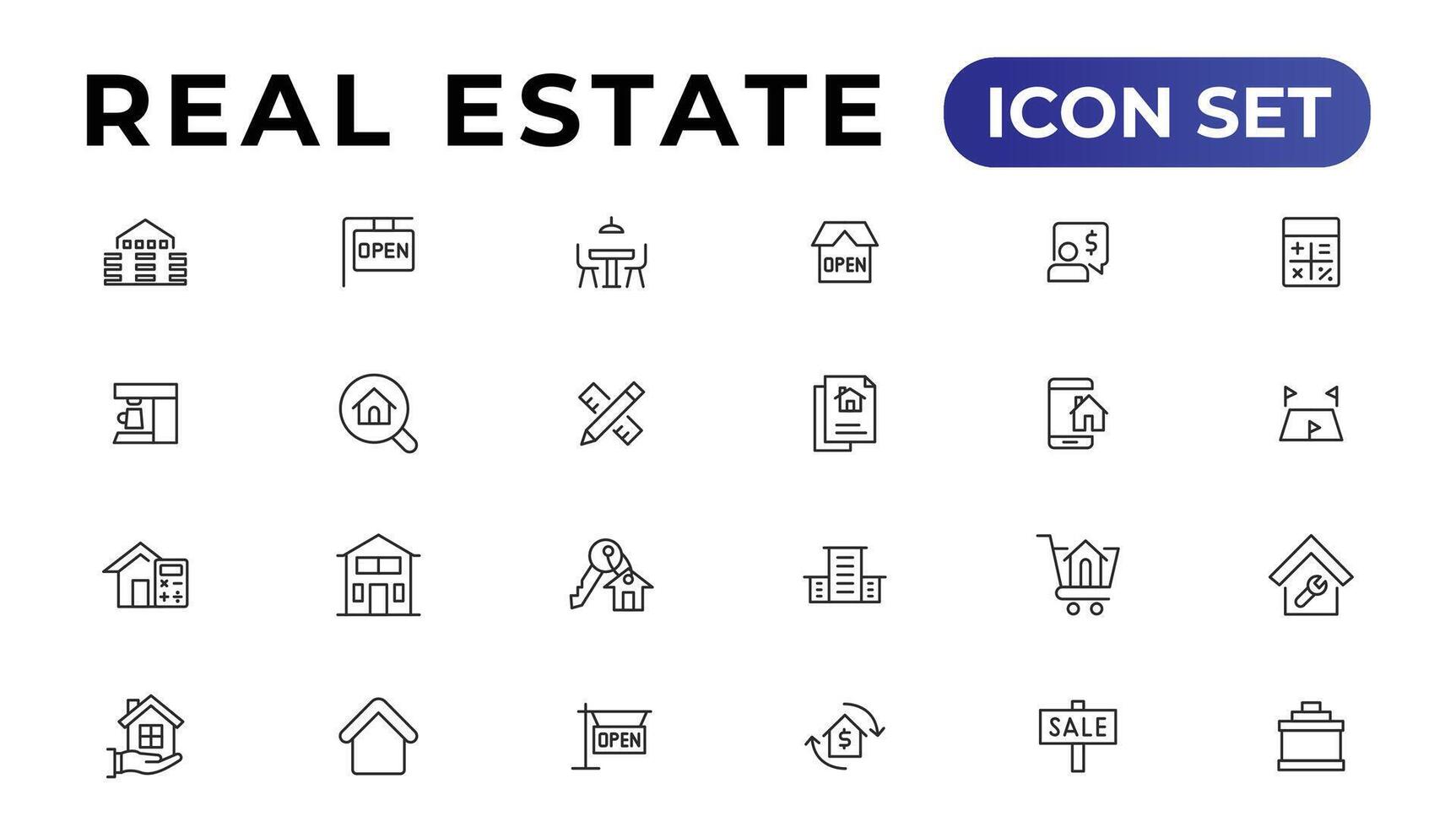 Real Estate minimal thin line web icon set. Included the icons as realty, property, mortgage, home loan and more. Outline icons collection. vector