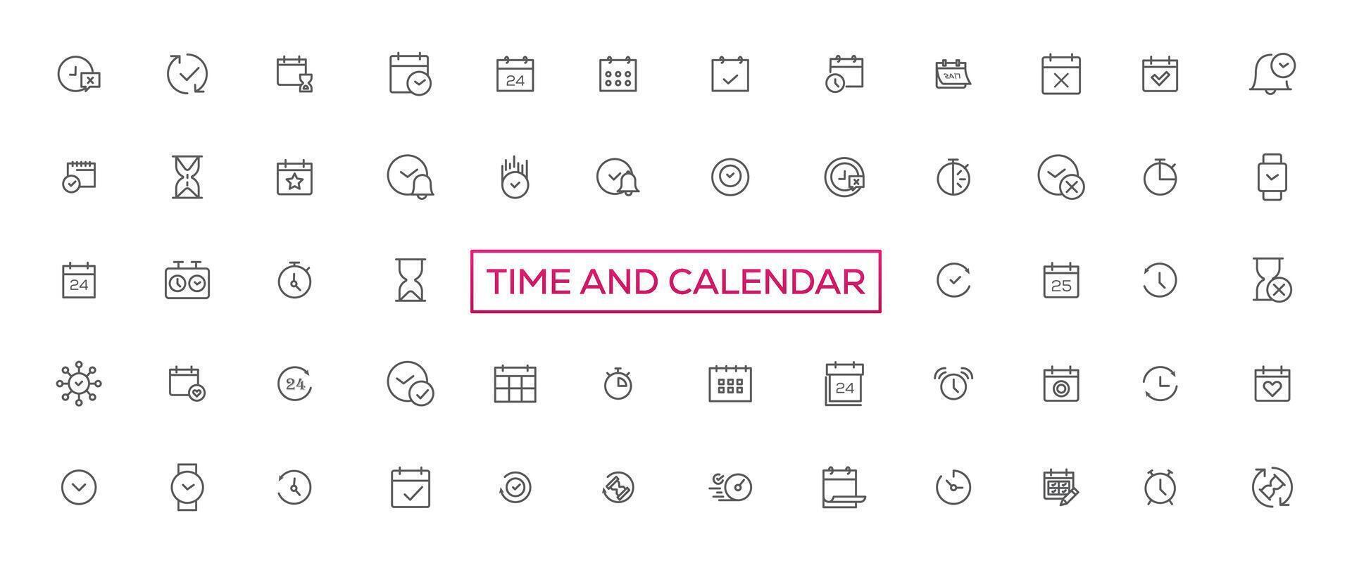 hora y reloj, calendario, Temporizador línea iconos vector lineal icono conjunto