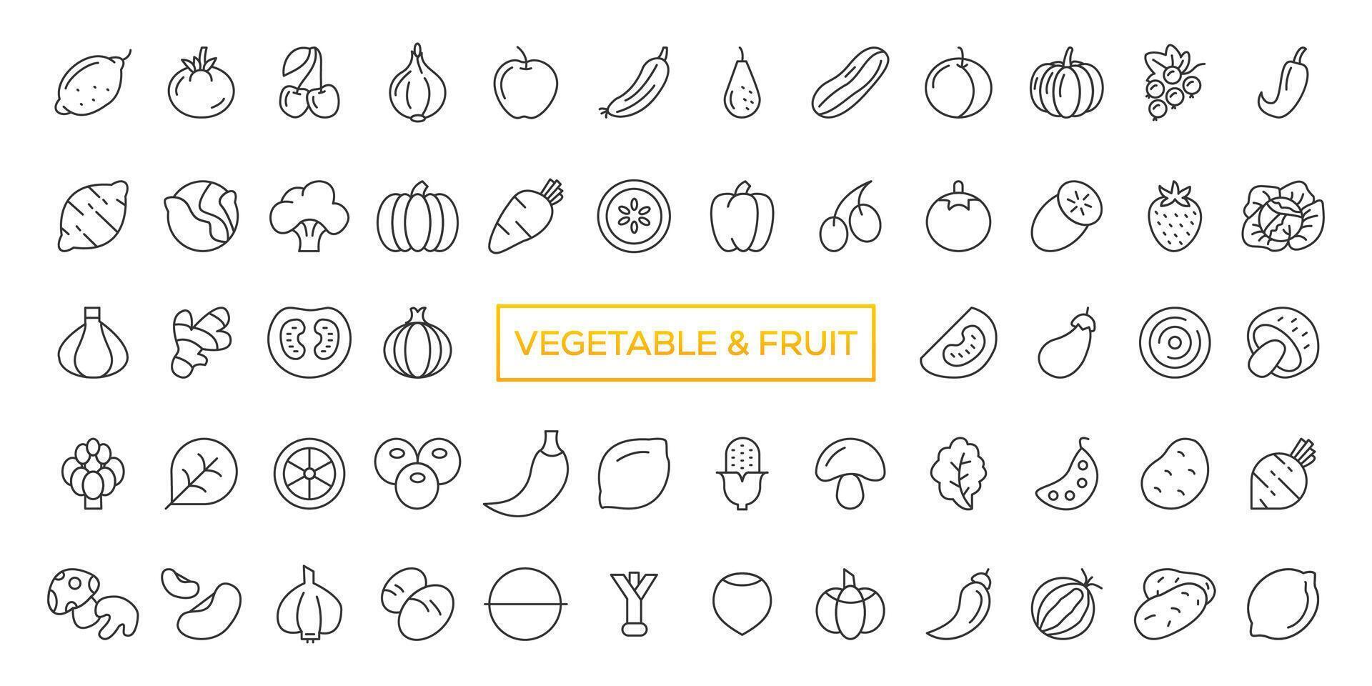 Fruits and vegetables icons set. Vector line icons, modern linear design graphic elements, outline symbols